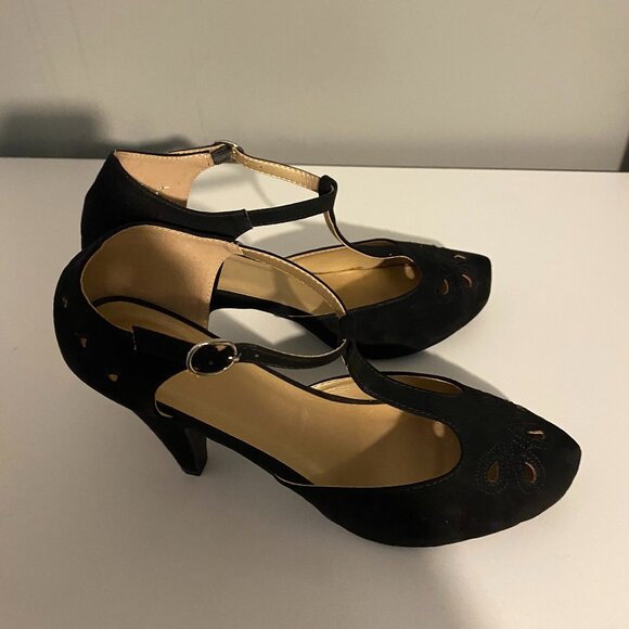 Modcloth Faux Suede T Strap Vintage Inspired Pin Up Cut Outs Heels Women's 13 - Picture 2 of 11
